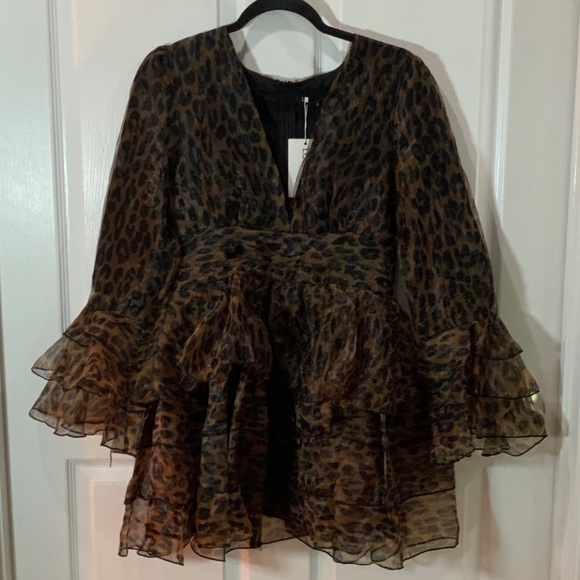 Loragal Leopard Print Deep V Neck Ruffle Mini Dress Size Small NW - Picture 2 of 10